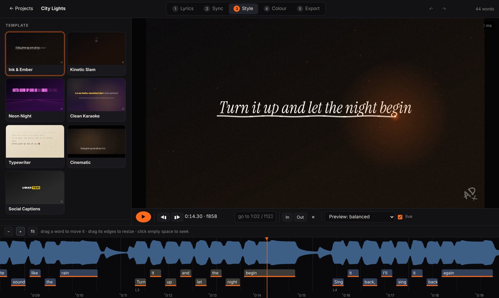 The ADx Studio editor: style templates on the left, a live preview of a lyric frame, and a timeline of word blocks under the song's waveform